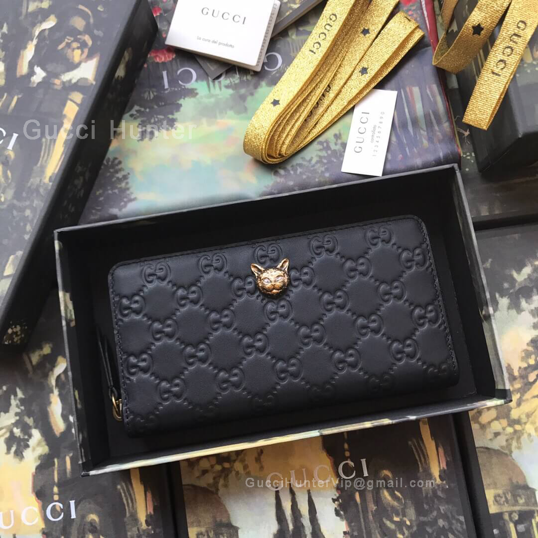 Gucci Signature Zip Around Wallet With Cat Black 548058